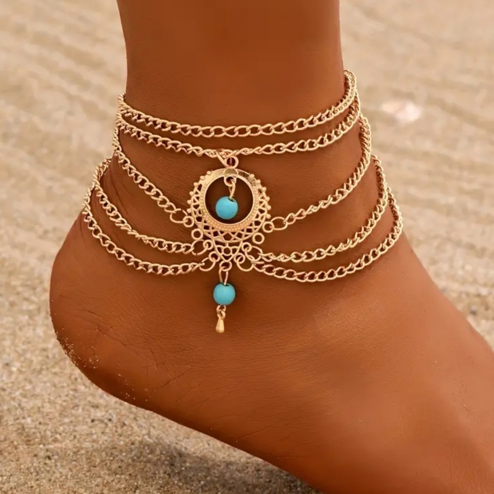 Gold BoHo Rhinestone Turquoise Layered Anklet Foot Jewelry